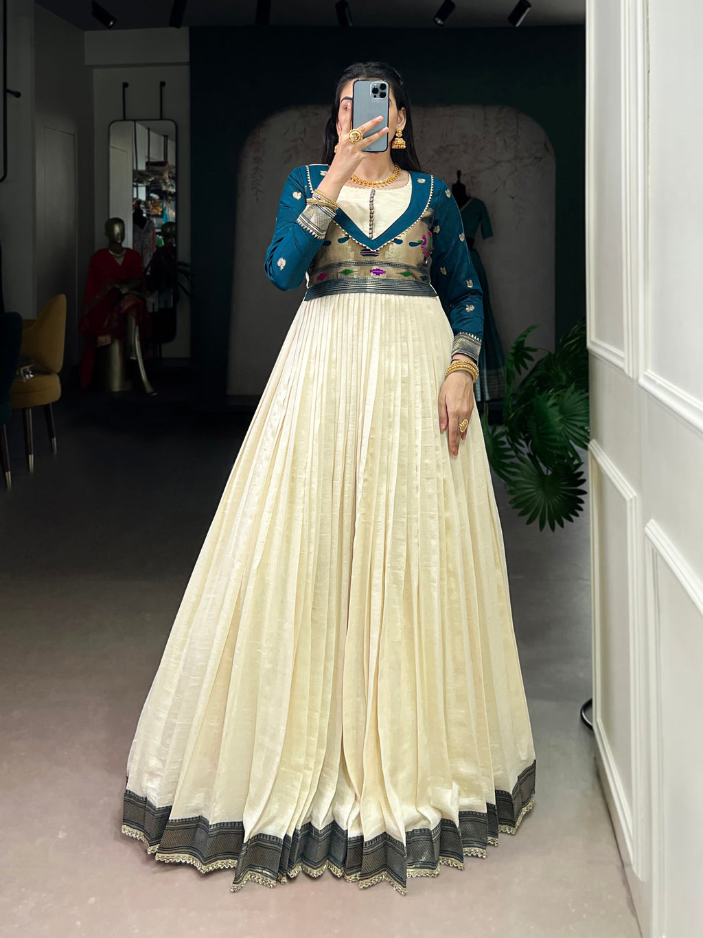 Lorenvalley Fashion Off White Vichitra Silk Zari Weaving Work With Lace Touch Up Gown