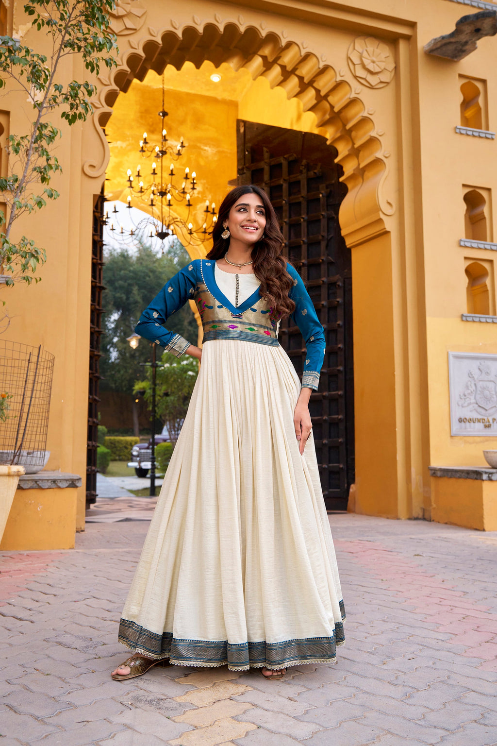Lorenvalley Fashion Offwhite Vichitra Silk Zari Weaving Work With Lace Touch Up Long Dress