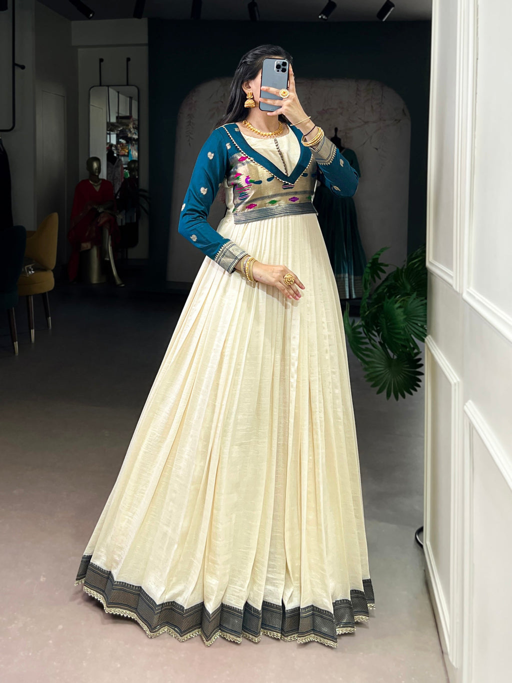 Lorenvalley Fashion Off White Vichitra Silk Zari Weaving Work With Lace Touch Up Gown