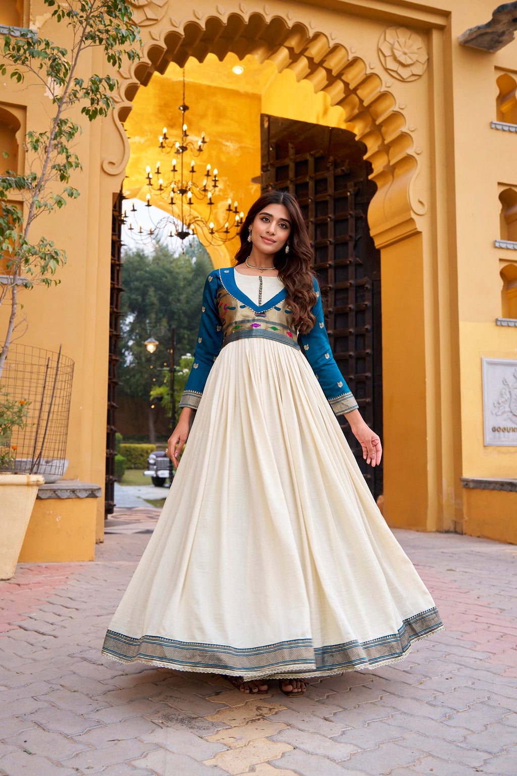 Lorenvalley Fashion Offwhite Vichitra Silk Zari Weaving Work With Lace Touch Up Long Dress