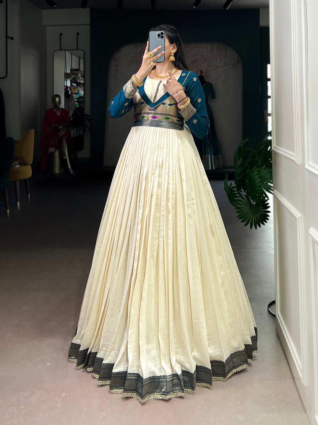 Lorenvalley Fashion Off White Vichitra Silk Zari Weaving Work With Lace Touch Up Gown