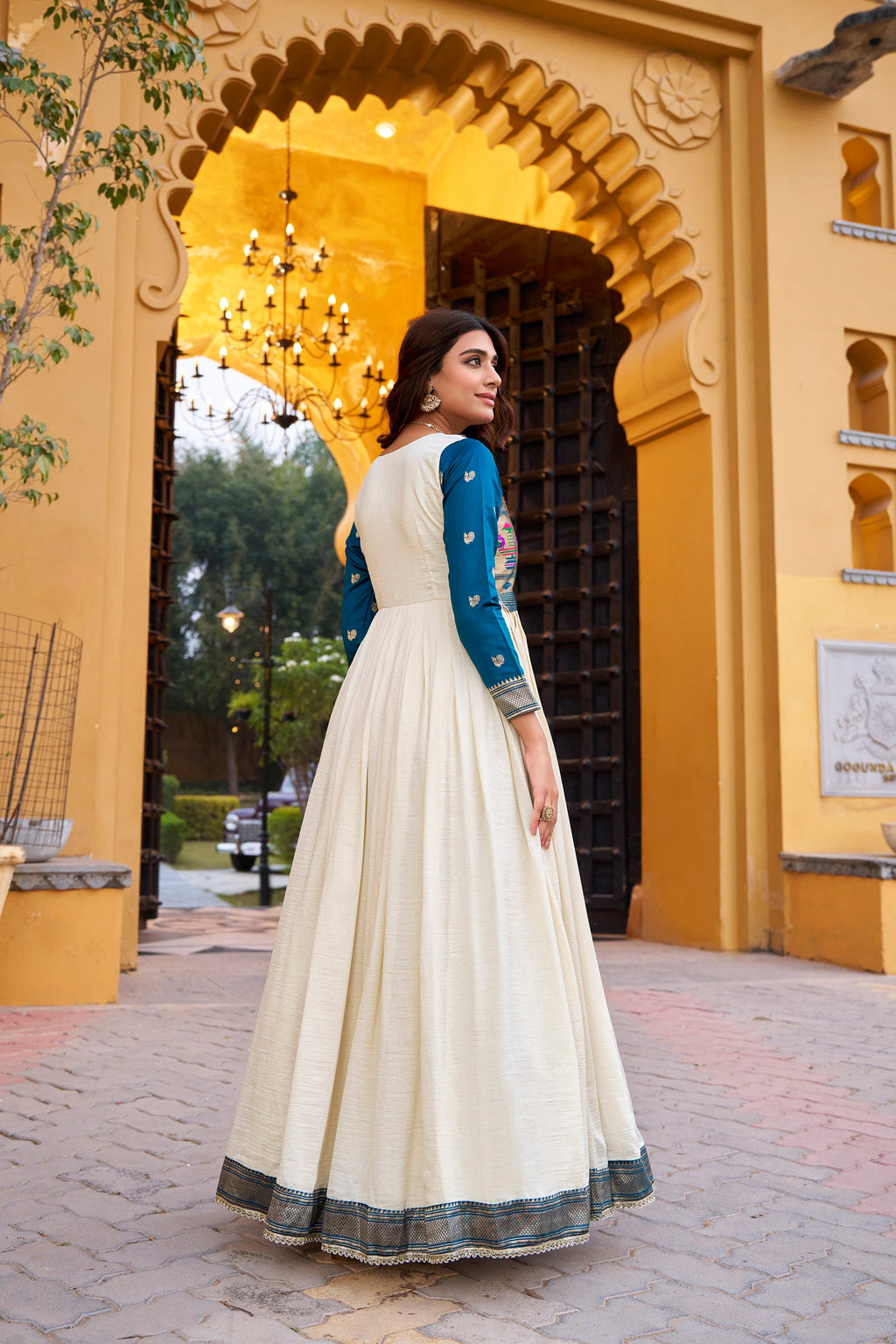 Lorenvalley Fashion Offwhite Vichitra Silk Zari Weaving Work With Lace Touch Up Long Dress