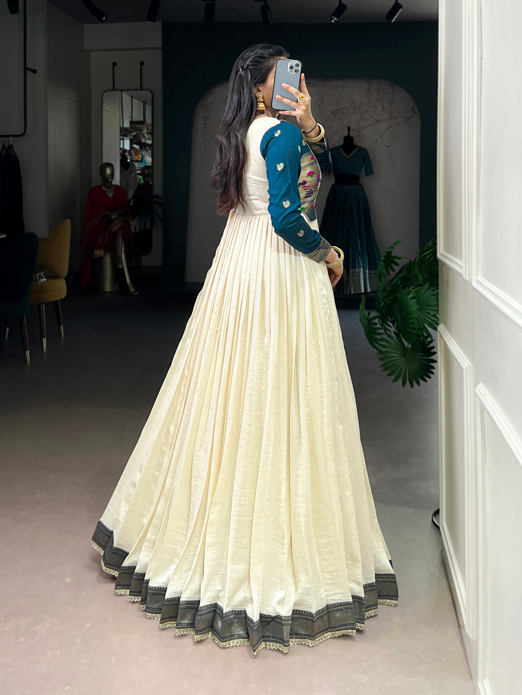 Lorenvalley Fashion Off White Vichitra Silk Zari Weaving Work With Lace Touch Up Gown