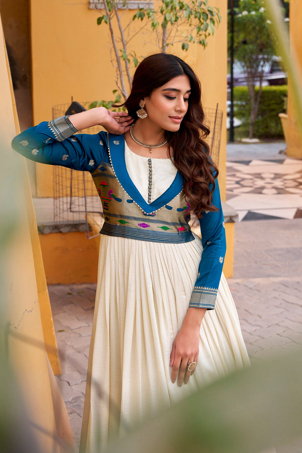 Lorenvalley Fashion Offwhite Vichitra Silk Zari Weaving Work With Lace Touch Up Long Dress