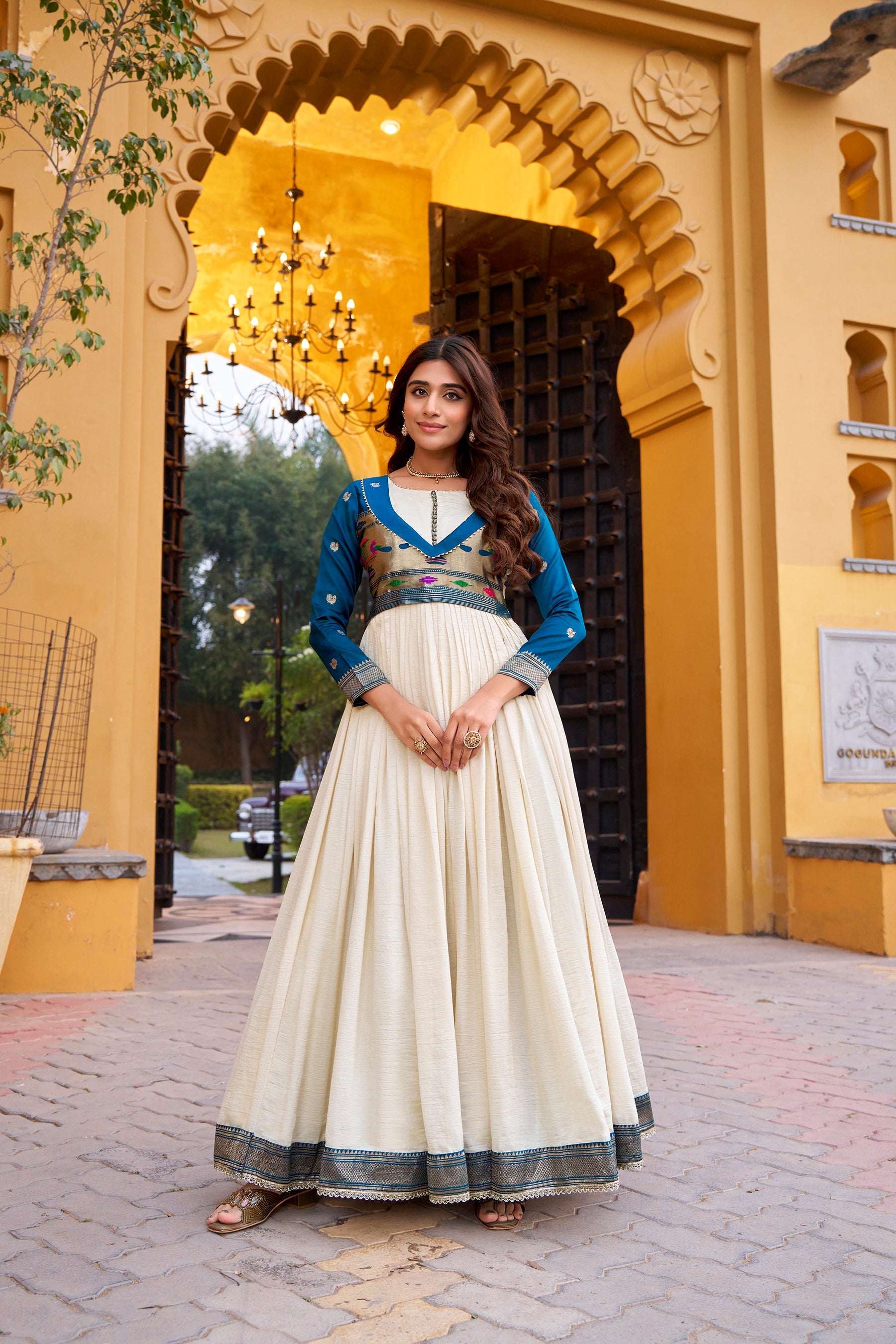 Lorenvalley Fashion Offwhite Vichitra Silk Zari Weaving Work With Lace Touch Up Long Dress