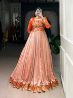 Lorenvalley Fashion Peach Vichitra Silk Zari Weaving Work With Lace Touch Up Gown