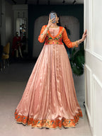 Lorenvalley Fashion Peach Vichitra Silk Zari Weaving Work With Lace Touch Up Gown