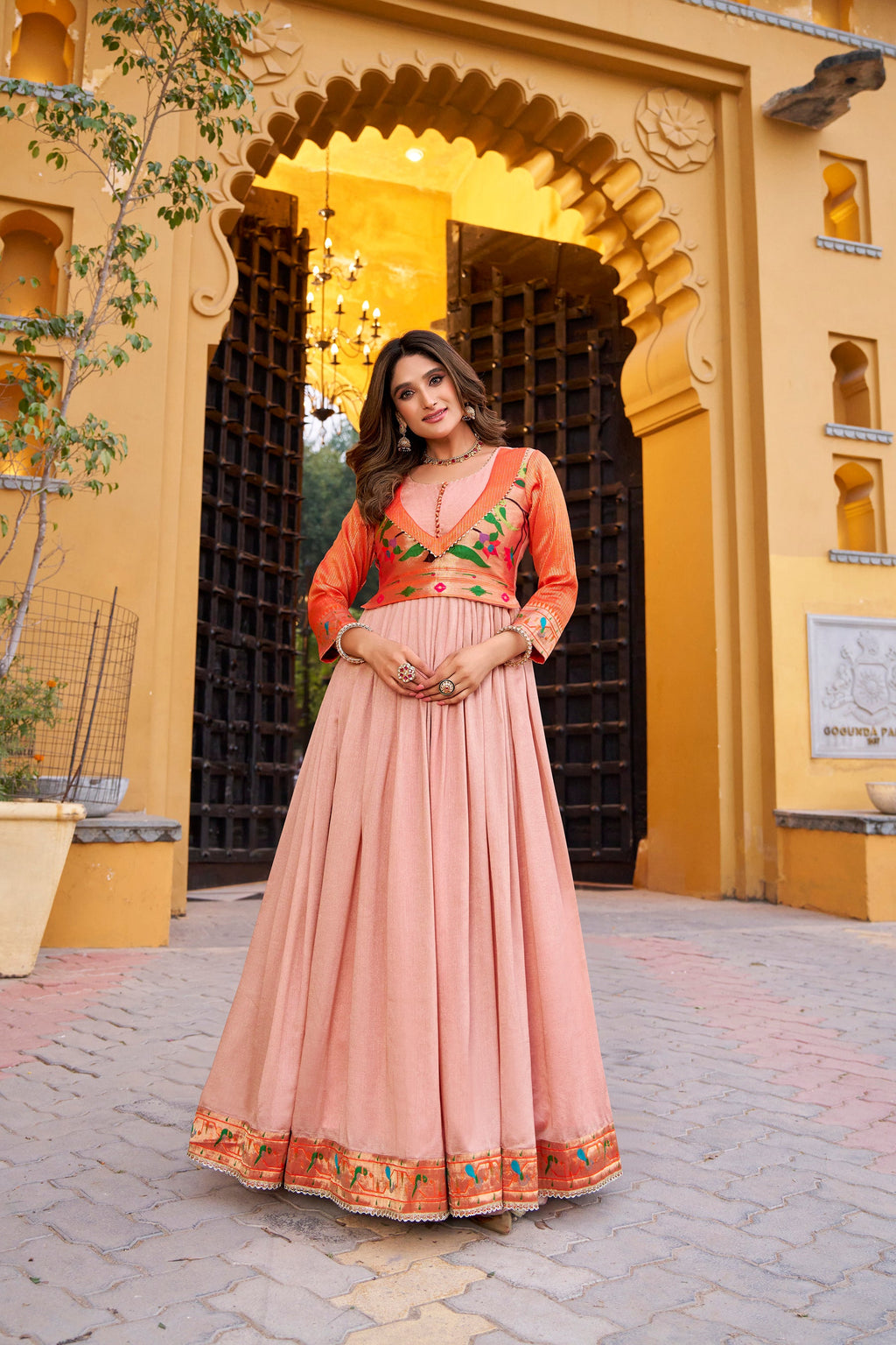 Lorenvalley Fashion Peach Vichitra Silk Zari Weaving Work With Lace Touch Up Long Dress