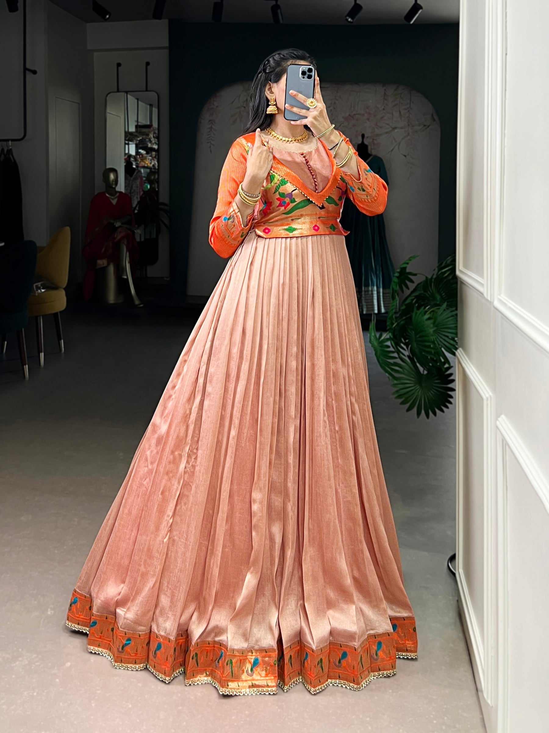 Lorenvalley Fashion Peach Vichitra Silk Zari Weaving Work With Lace Touch Up Gown