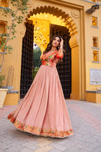 Lorenvalley Fashion Peach Vichitra Silk Zari Weaving Work With Lace Touch Up Long Dress
