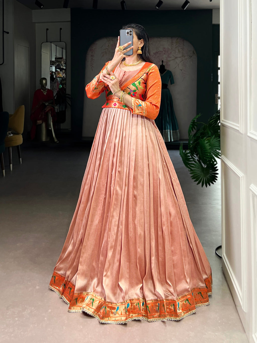 Lorenvalley Fashion Peach Vichitra Silk Zari Weaving Work With Lace Touch Up Gown