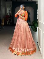 Lorenvalley Fashion Peach Vichitra Silk Zari Weaving Work With Lace Touch Up Gown
