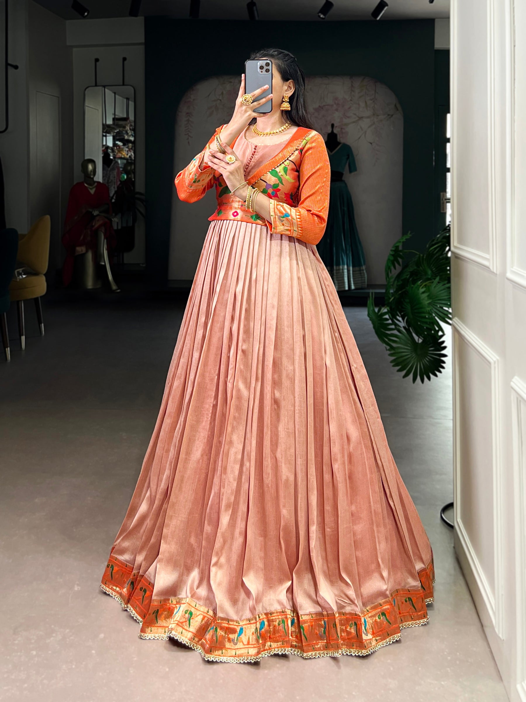 Lorenvalley Fashion Peach Vichitra Silk Zari Weaving Work With Lace Touch Up Gown