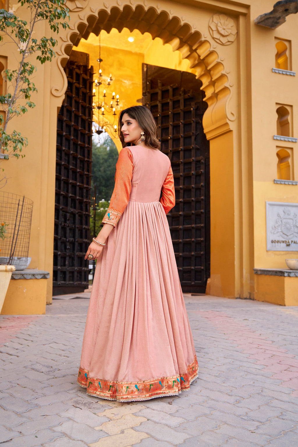 Lorenvalley Fashion Peach Vichitra Silk Zari Weaving Work With Lace Touch Up Long Dress