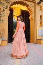 Lorenvalley Fashion Peach Vichitra Silk Zari Weaving Work With Lace Touch Up Long Dress