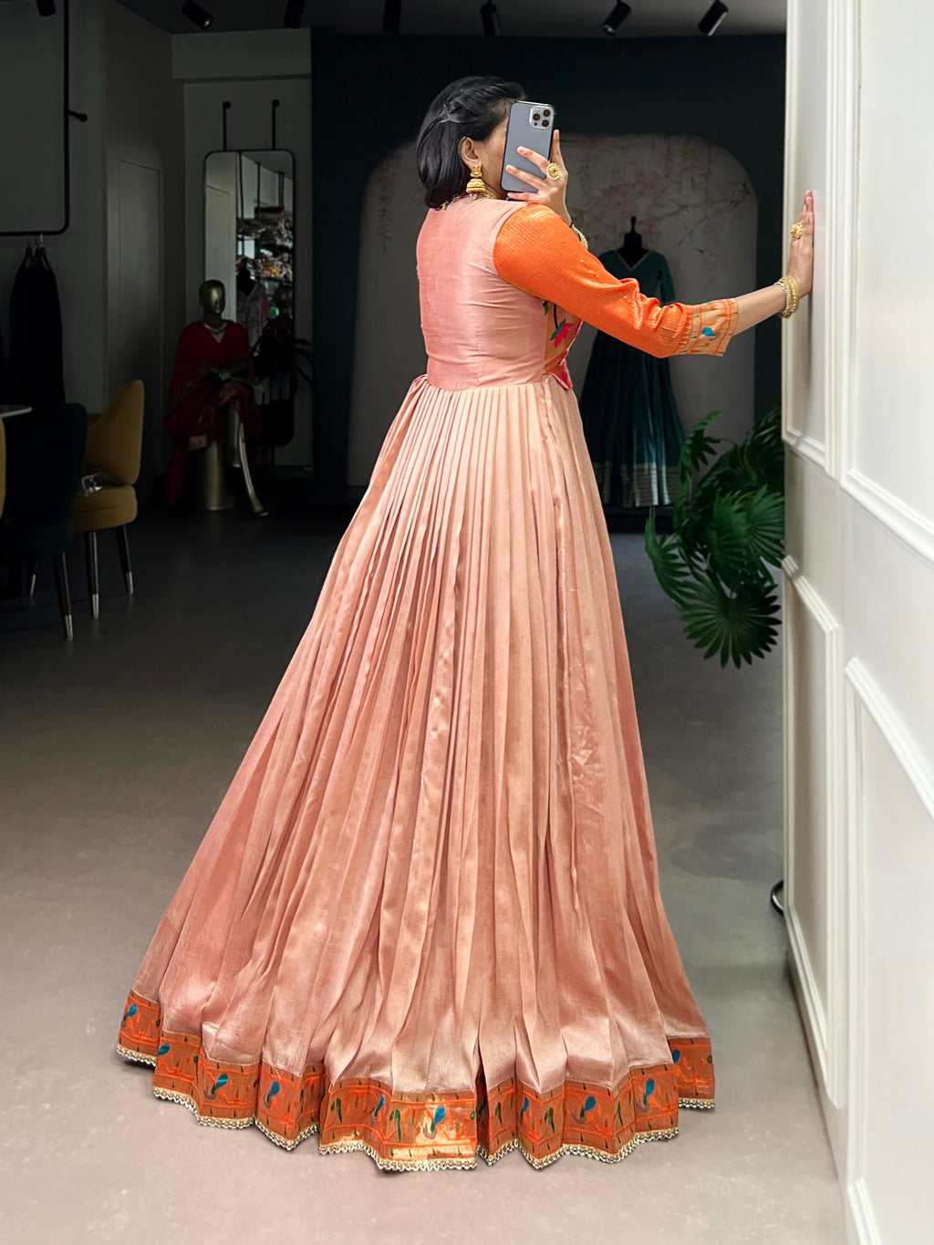 Lorenvalley Fashion Peach Vichitra Silk Zari Weaving Work With Lace Touch Up Gown