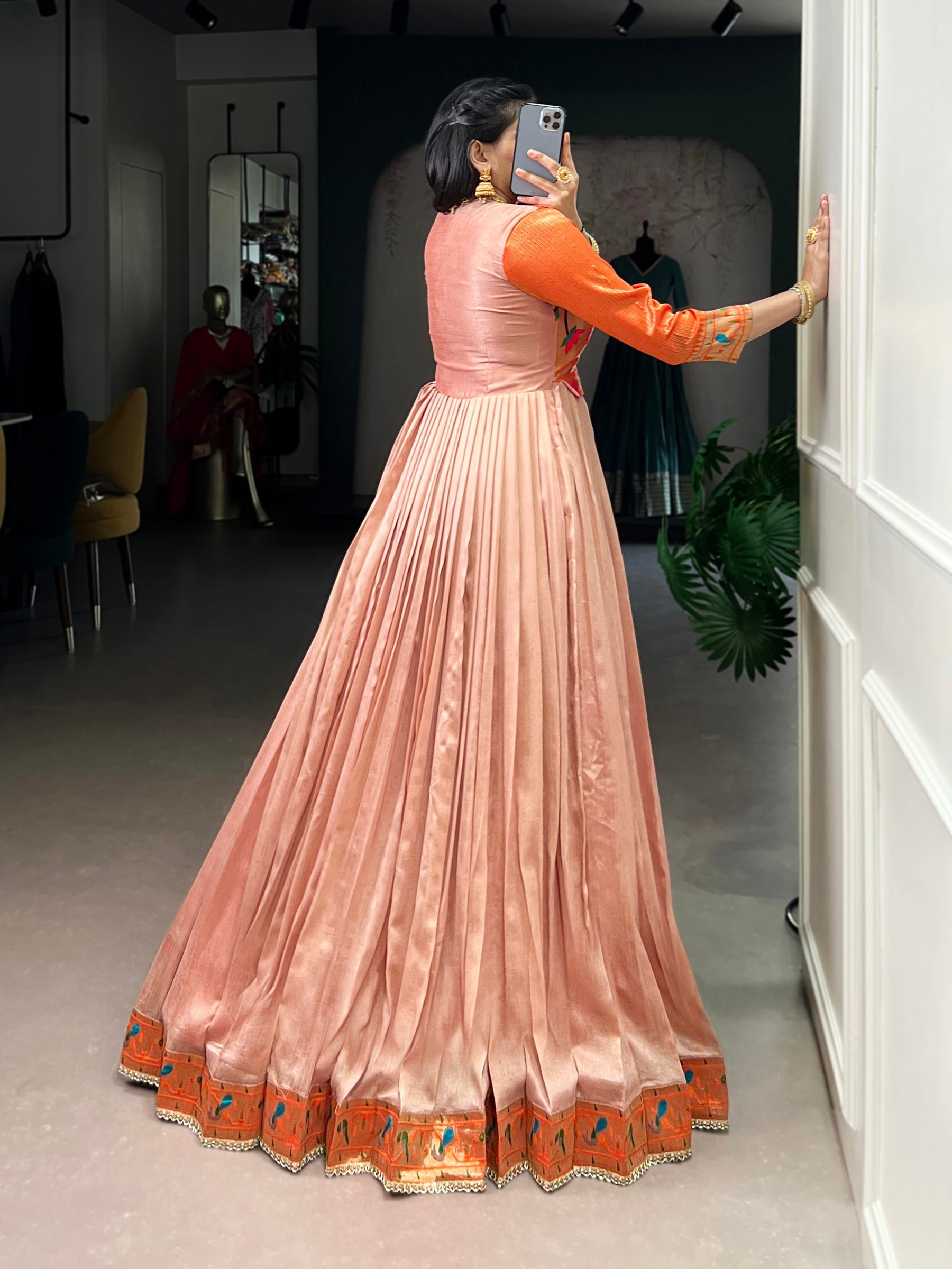 Lorenvalley Fashion Peach Vichitra Silk Zari Weaving Work With Lace Touch Up Gown