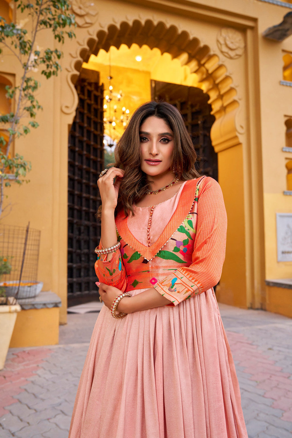 Lorenvalley Fashion Peach Vichitra Silk Zari Weaving Work With Lace Touch Up Long Dress