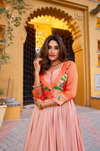 Lorenvalley Fashion Peach Vichitra Silk Zari Weaving Work With Lace Touch Up Long Dress