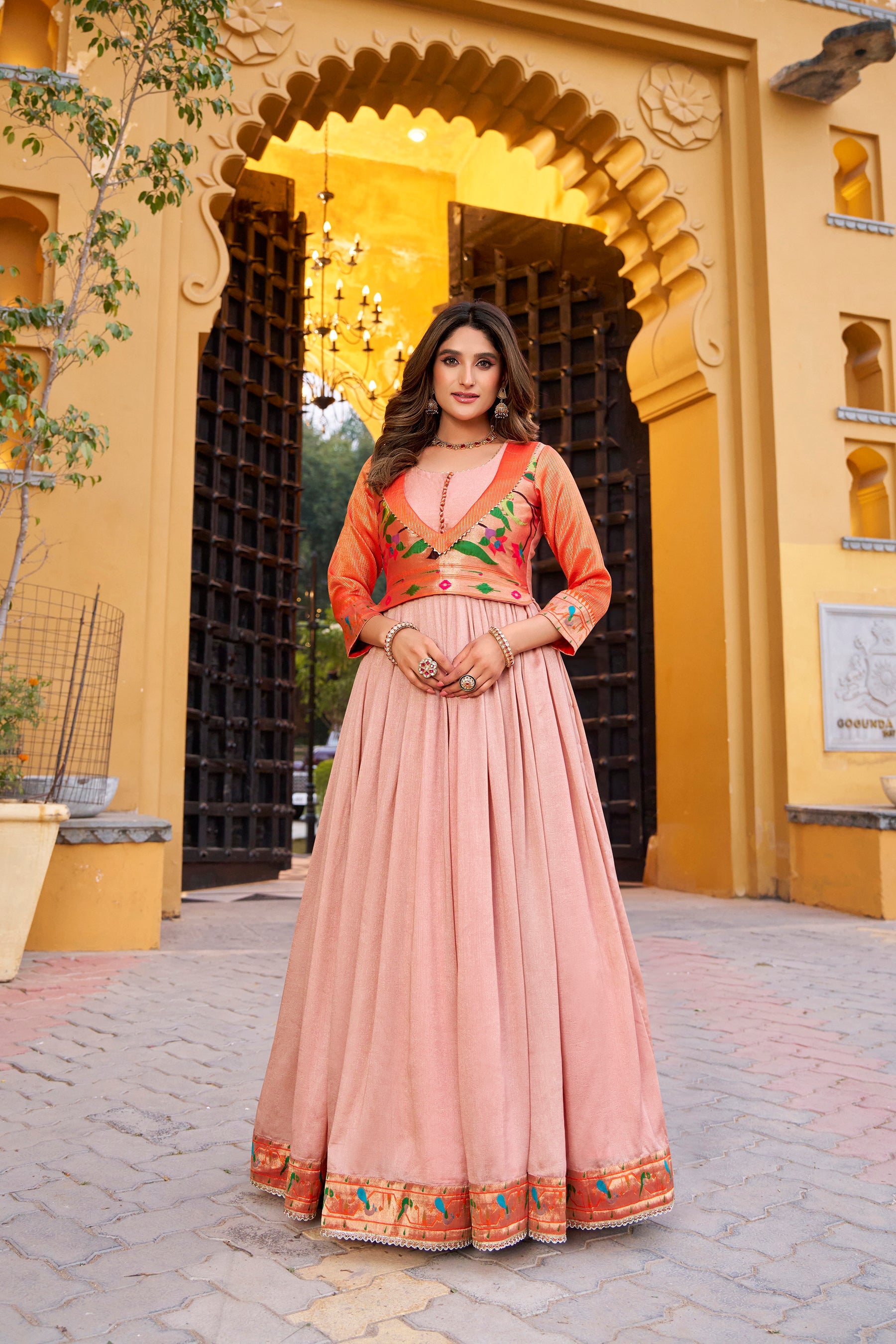 Lorenvalley Fashion Peach Vichitra Silk Zari Weaving Work With Lace Touch Up Long Dress