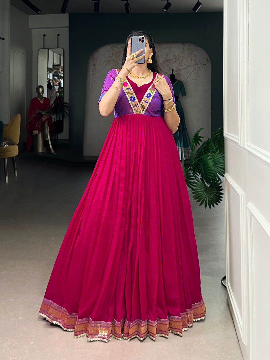Lorenvalley Fashion Rani Pink Vichitra Silk Zari Weaving Work With Lace Touch Up Gown - Distacart