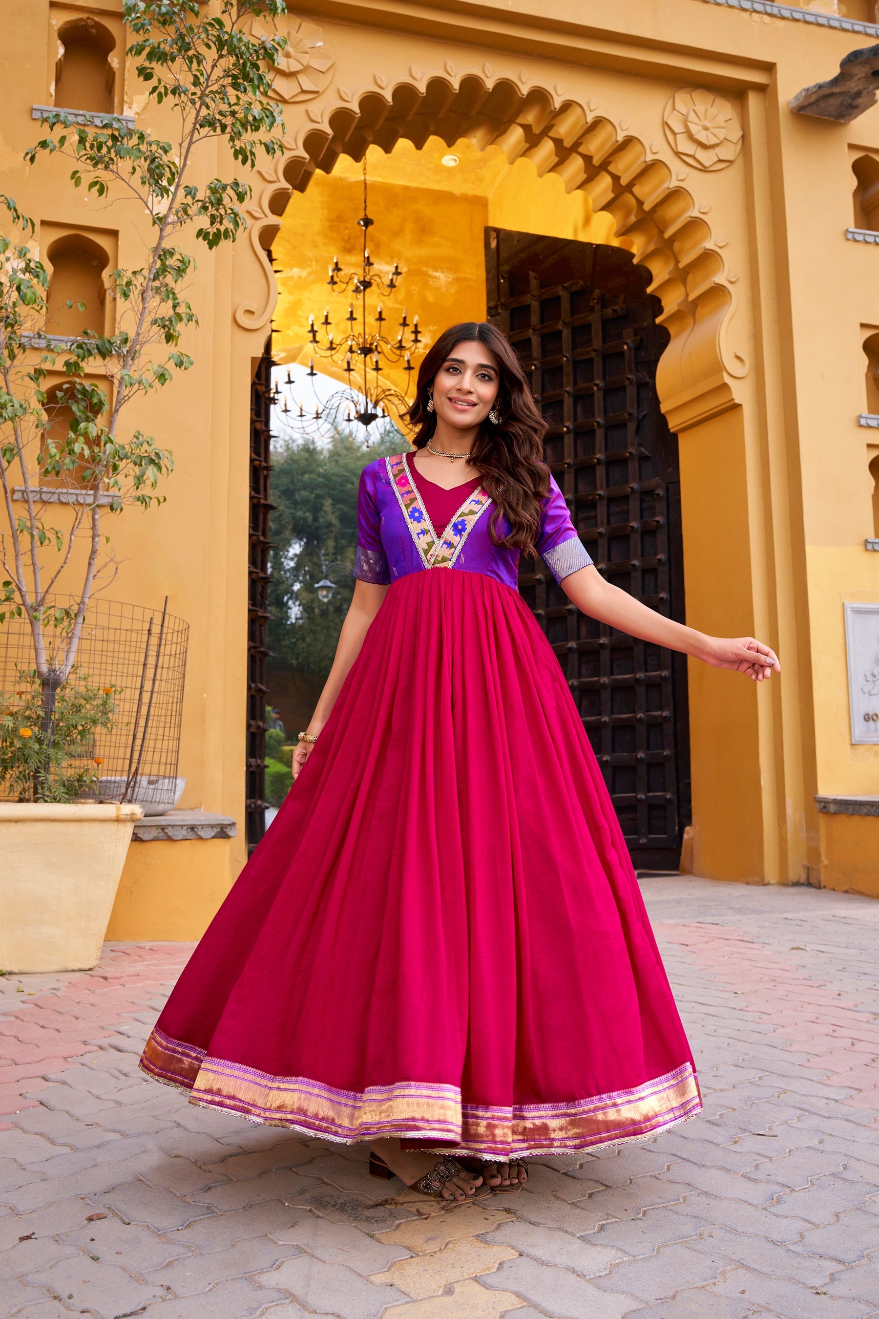Lorenvalley Fashion Pink Vichitra Silk Zari Weaving Work With Lace Touch Up Long Dress