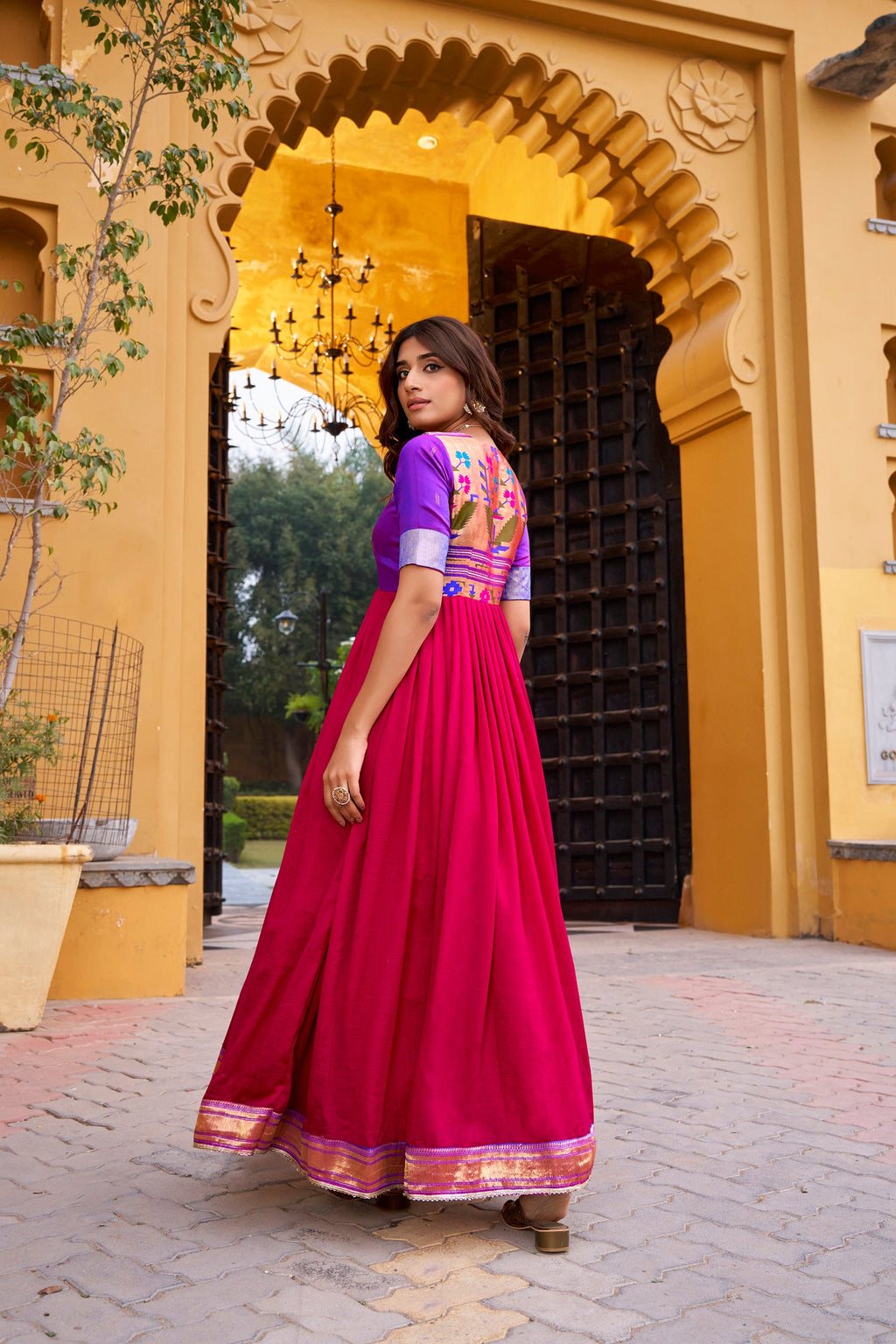 Lorenvalley Fashion Pink Vichitra Silk Zari Weaving Work With Lace Touch Up Long Dress