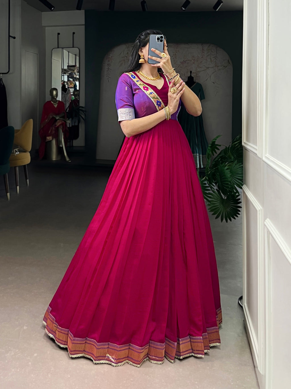 Lorenvalley Fashion Rani Pink Vichitra Silk Zari Weaving Work With Lace Touch Up Gown - Distacart
