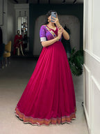 Lorenvalley Fashion Rani Pink Vichitra Silk Zari Weaving Work With Lace Touch Up Gown - Distacart