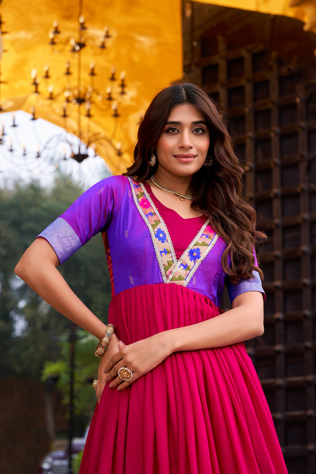 Lorenvalley Fashion Pink Vichitra Silk Zari Weaving Work With Lace Touch Up Long Dress