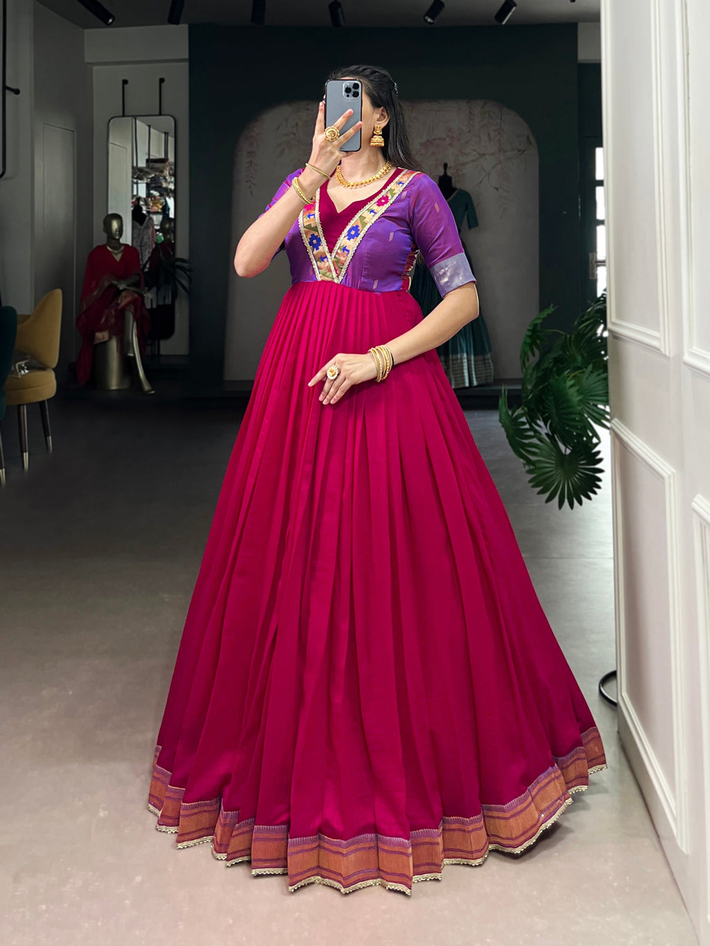 Lorenvalley Fashion Rani Pink Vichitra Silk Zari Weaving Work With Lace Touch Up Gown - Distacart