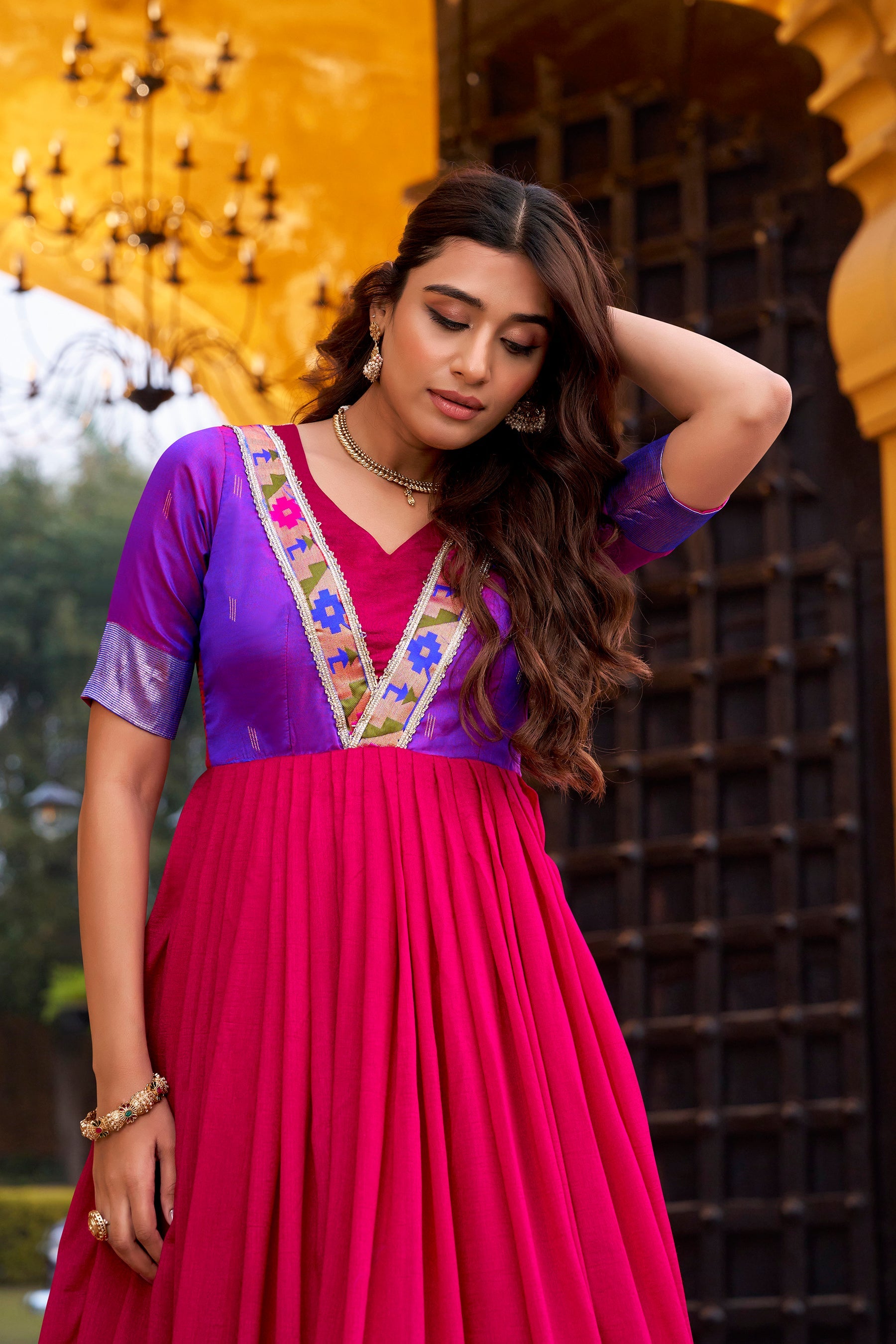 Lorenvalley Fashion Pink Vichitra Silk Zari Weaving Work With Lace Touch Up Long Dress