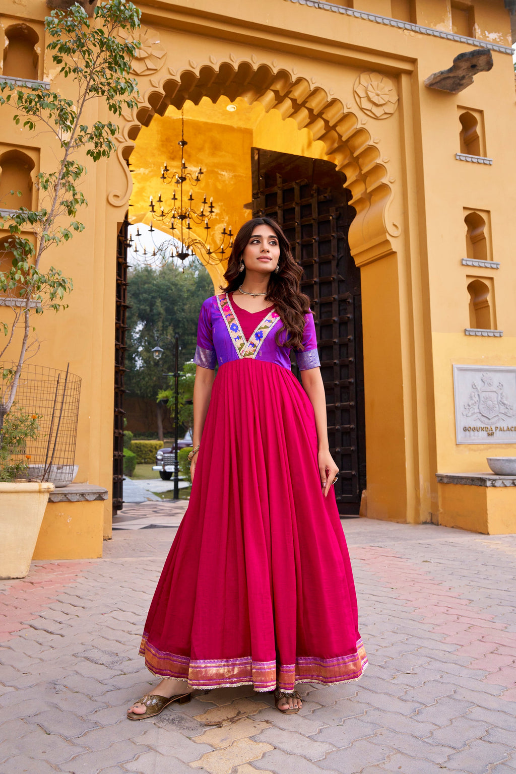 Lorenvalley Fashion Pink Vichitra Silk Zari Weaving Work With Lace Touch Up Long Dress
