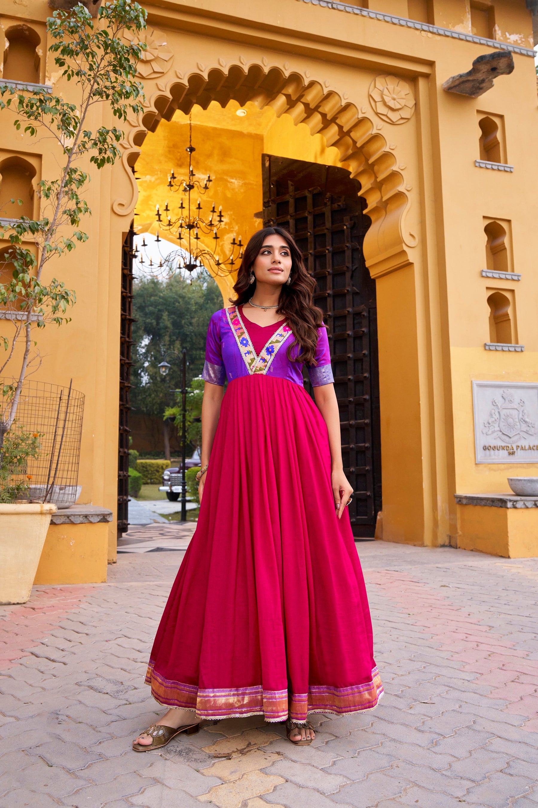 Lorenvalley Fashion Pink Vichitra Silk Zari Weaving Work With Lace Touch Up Long Dress