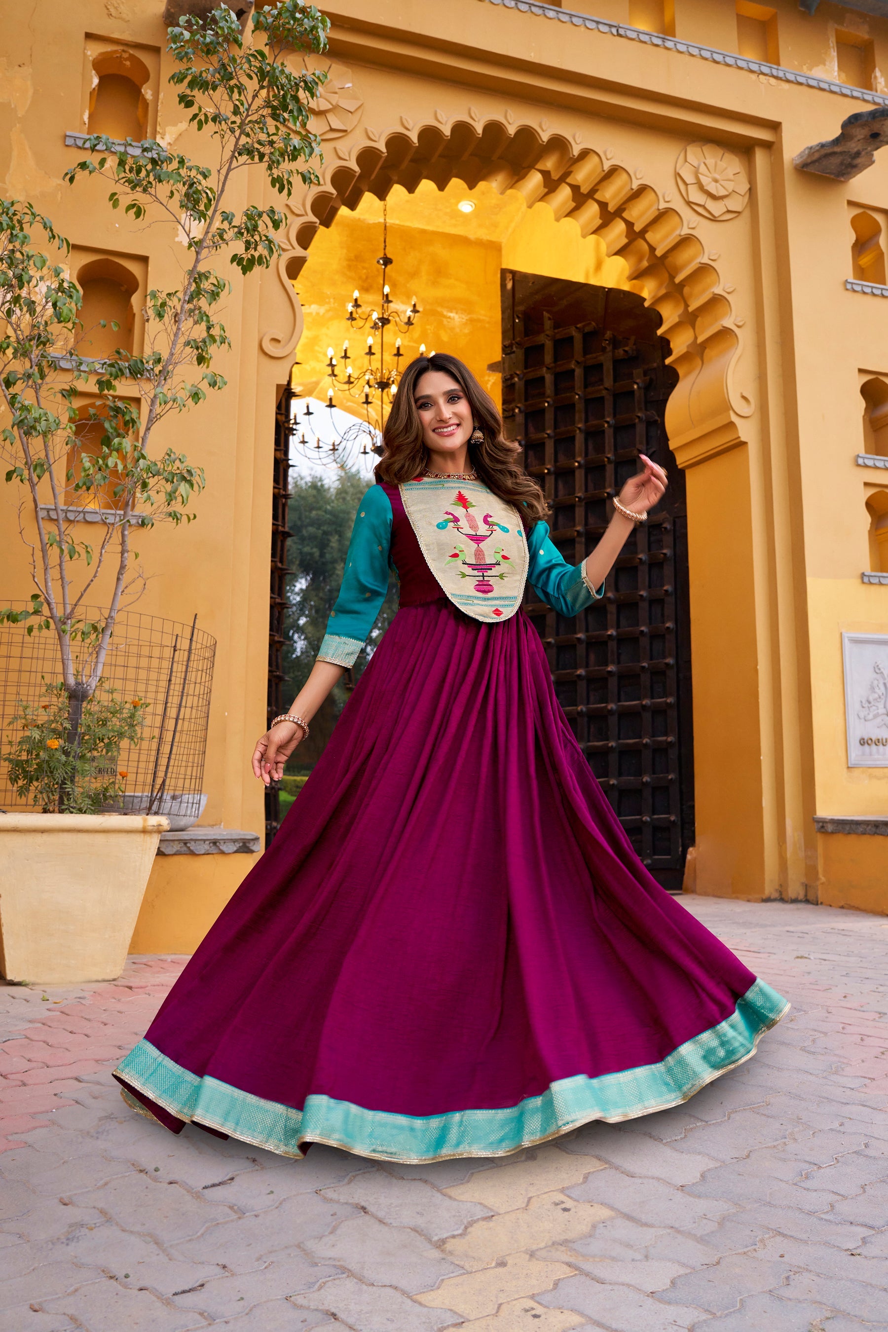 Lorenvalley Fashion Wine Vichitra Silk Zari Weaving Work With Lace Touch Up Long Dress
