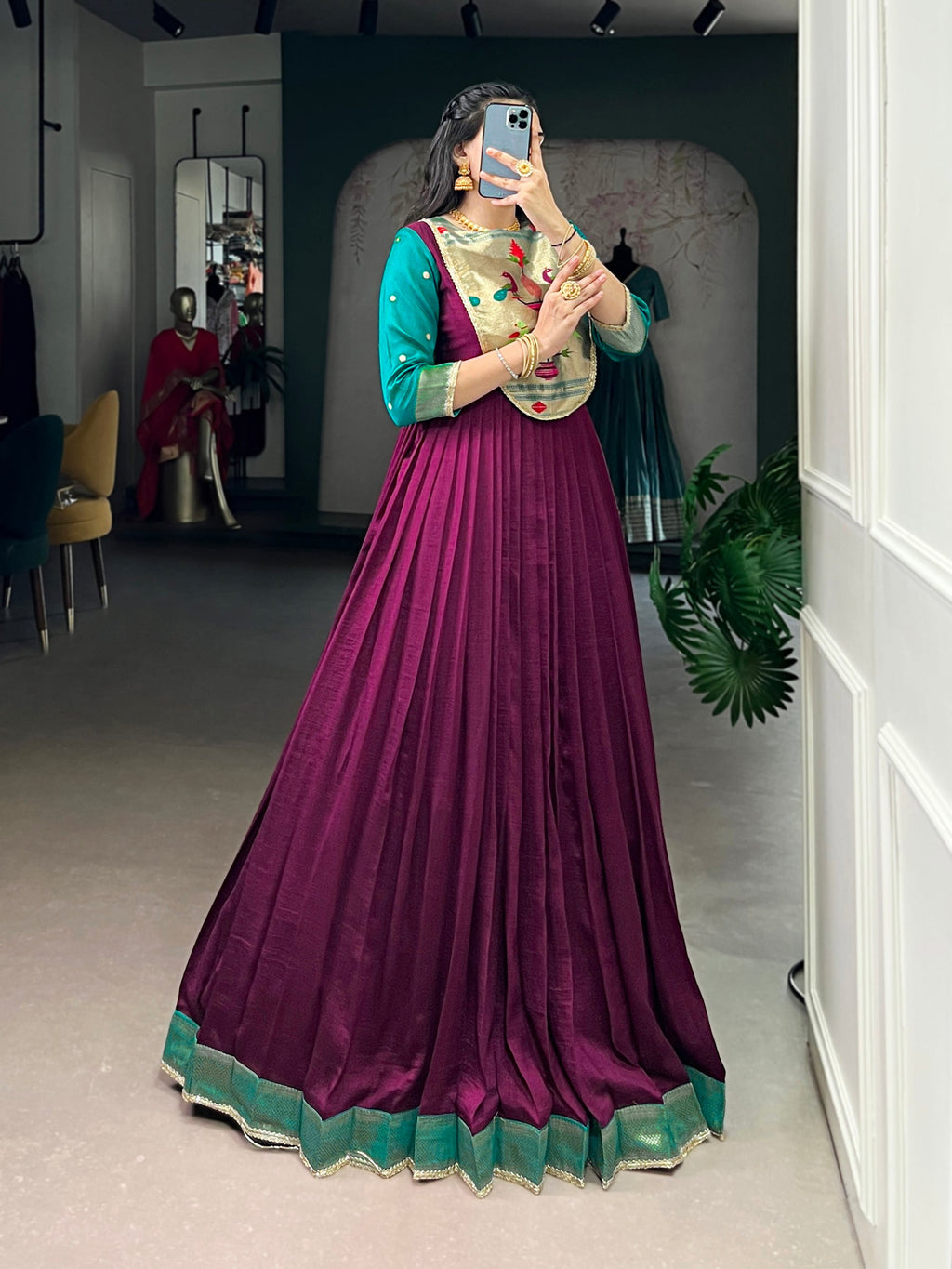 Lorenvalley Fashion Wine Vichitra Silk Zari Weaving Work With Lace Touch Up Gown
