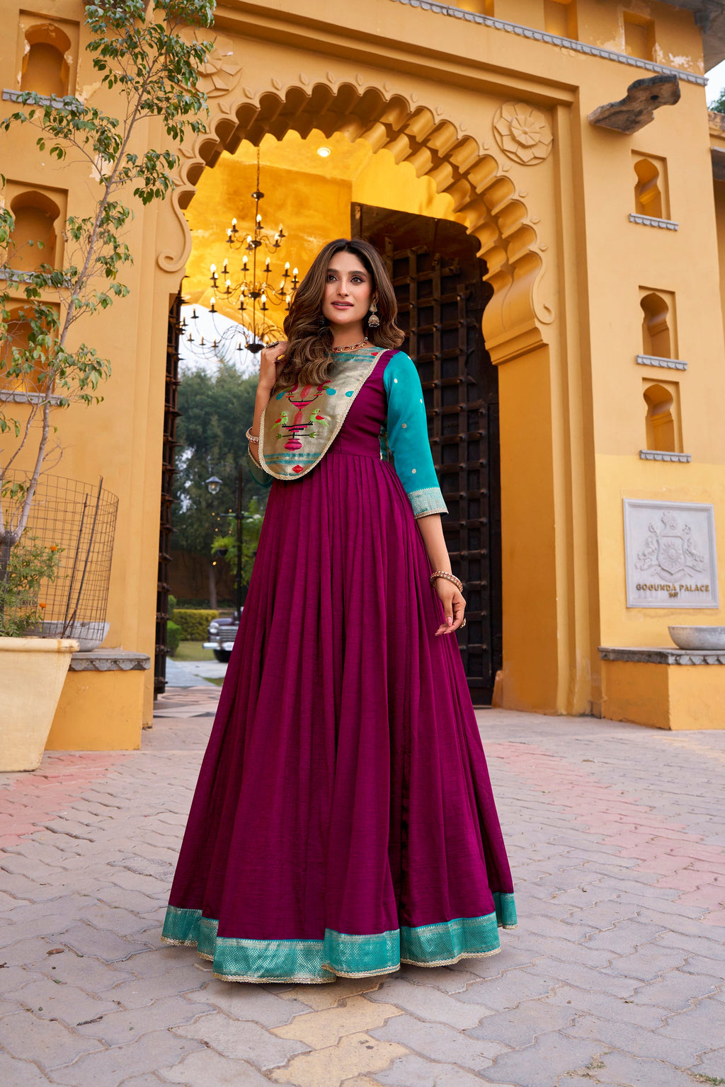 Lorenvalley Fashion Wine Vichitra Silk Zari Weaving Work With Lace Touch Up Long Dress