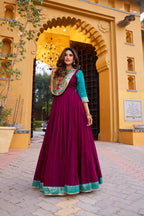 Lorenvalley Fashion Wine Vichitra Silk Zari Weaving Work With Lace Touch Up Long Dress