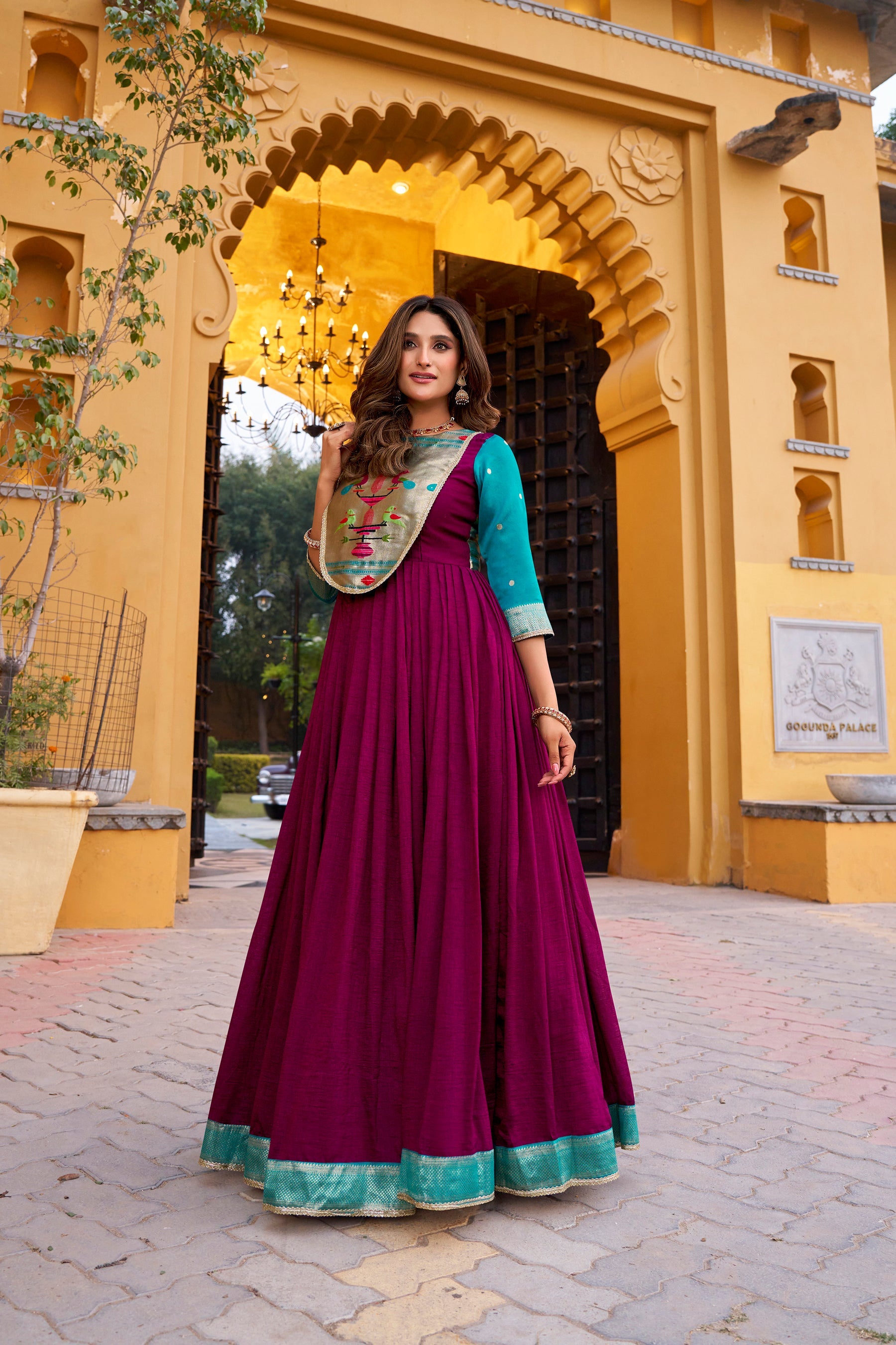 Lorenvalley Fashion Wine Vichitra Silk Zari Weaving Work With Lace Touch Up Long Dress