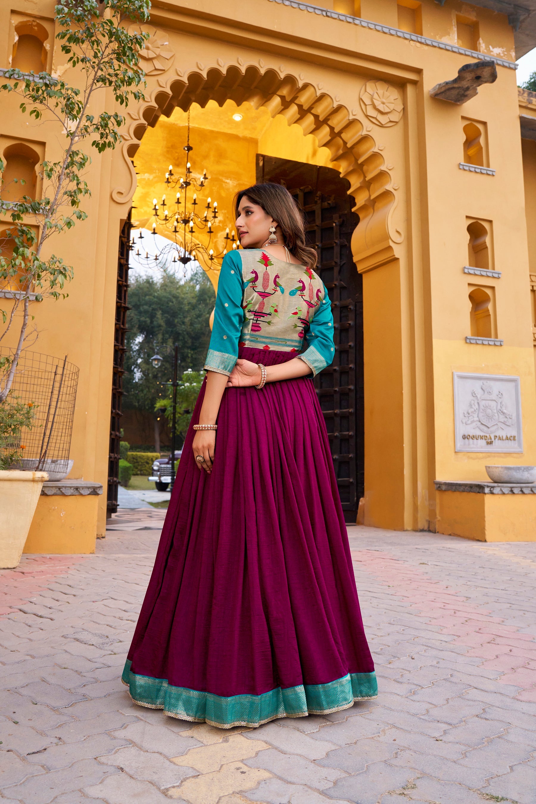 Lorenvalley Fashion Wine Vichitra Silk Zari Weaving Work With Lace Touch Up Long Dress