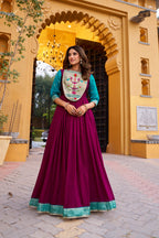 Lorenvalley Fashion Wine Vichitra Silk Zari Weaving Work With Lace Touch Up Long Dress