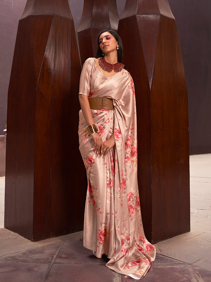 Monjolika Fashion Crepe Satin Digital Print Beige Trendy Saree - Distacart