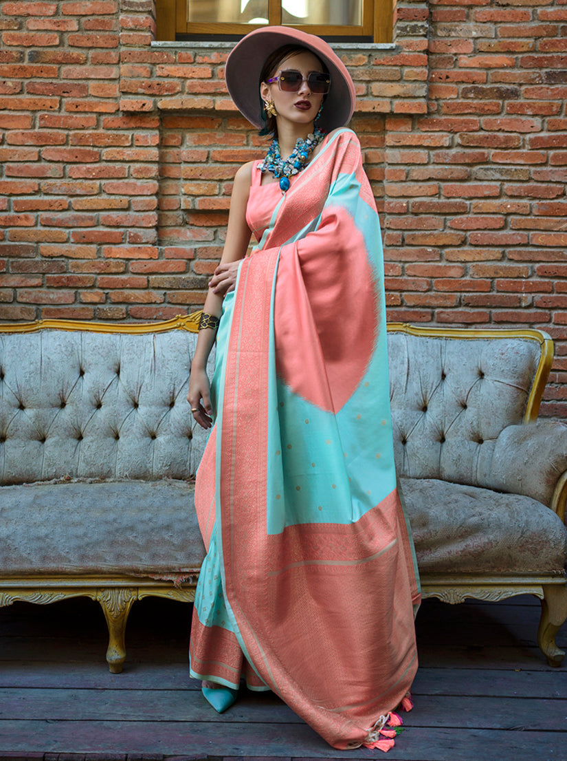 Monjolika Fashion Aqua Blue And Peach Handloom Weaving Silk Contemporary Saree - Distacart