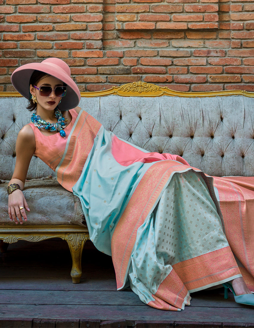 Monjolika Fashion Aqua Blue And Peach Handloom Weaving Silk Contemporary Saree - Distacart
