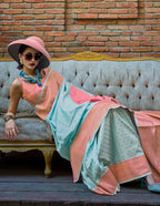 Monjolika Fashion Aqua Blue And Peach Handloom Weaving Silk Contemporary Saree - Distacart