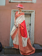 Monjolika Fashion Silk Weaving Off White And Red Classic Saree For Sangeet