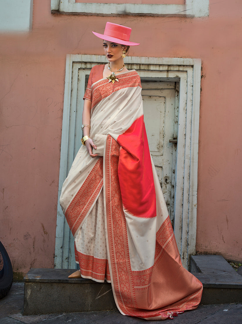 Monjolika Fashion Silk Weaving Off White And Red Classic Saree For Sangeet
