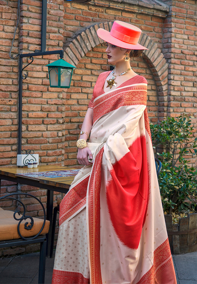 Monjolika Fashion Silk Weaving Off White And Red Classic Saree For Sangeet