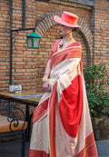 Monjolika Fashion Silk Weaving Off White And Red Classic Saree For Sangeet