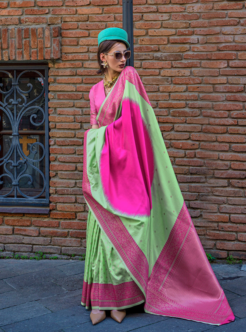 Monjolika Fashion Weaving Green And Rani Handloom Silk Trendy Saree - Distacart
